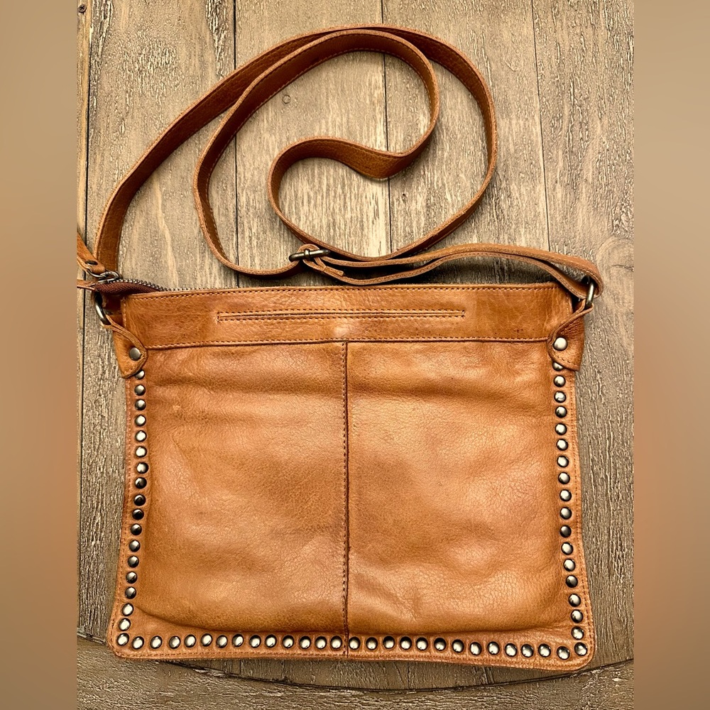 Latico Gabriel cognac crossbody with studded detail on three sides, gently used